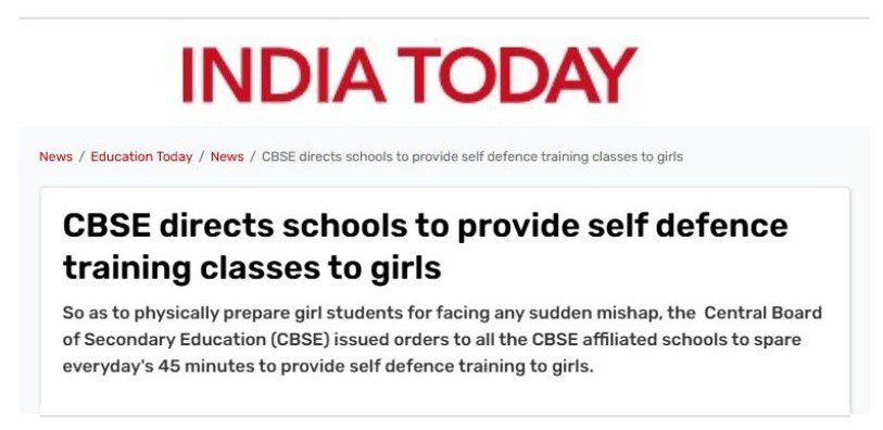 India Today clipping to directs all CBSE-affiliated schools to conduct self defence training for girl students