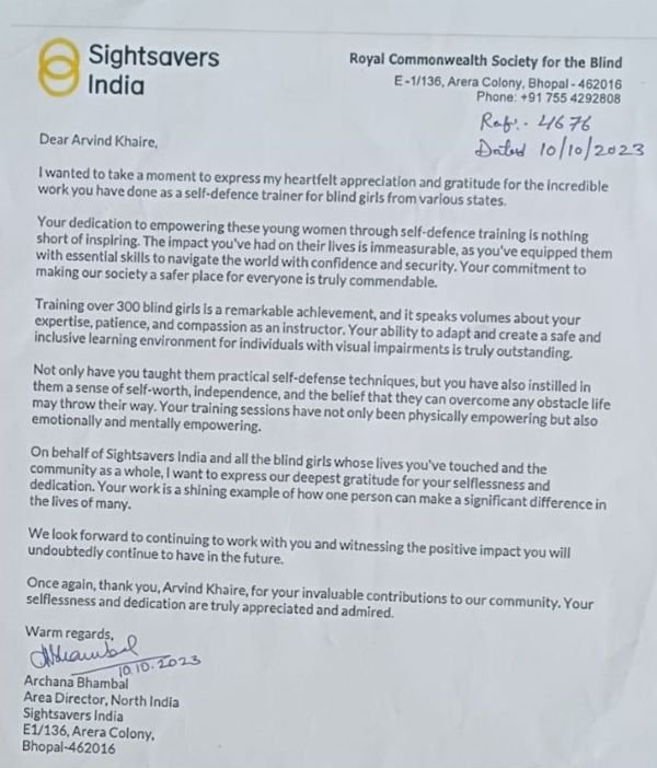 Self Defence for the Visually-Impaired training appreciation letter from Sightsavers India