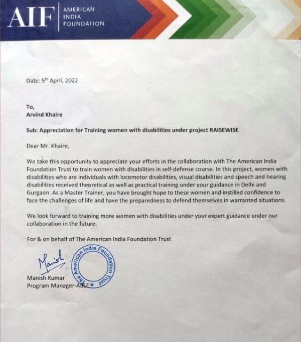 Self Defence for the Visually-Impaired training appreciation letter from American India Foundation
