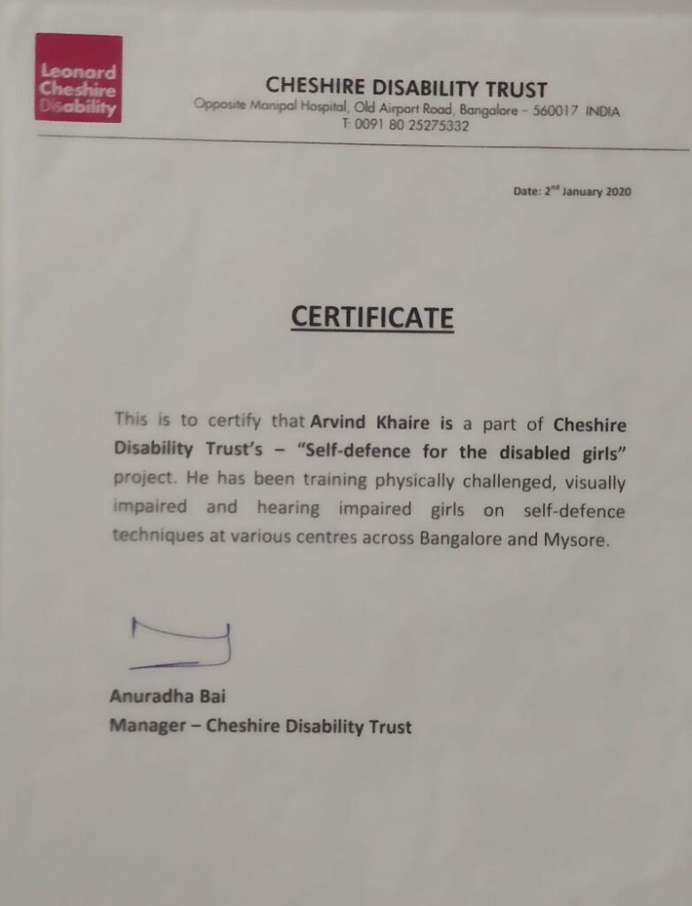Cheshire Disability Trust Appreciation Letter for self defence training by Arvind Khaire: Pioneer of Inclusive Self Defence