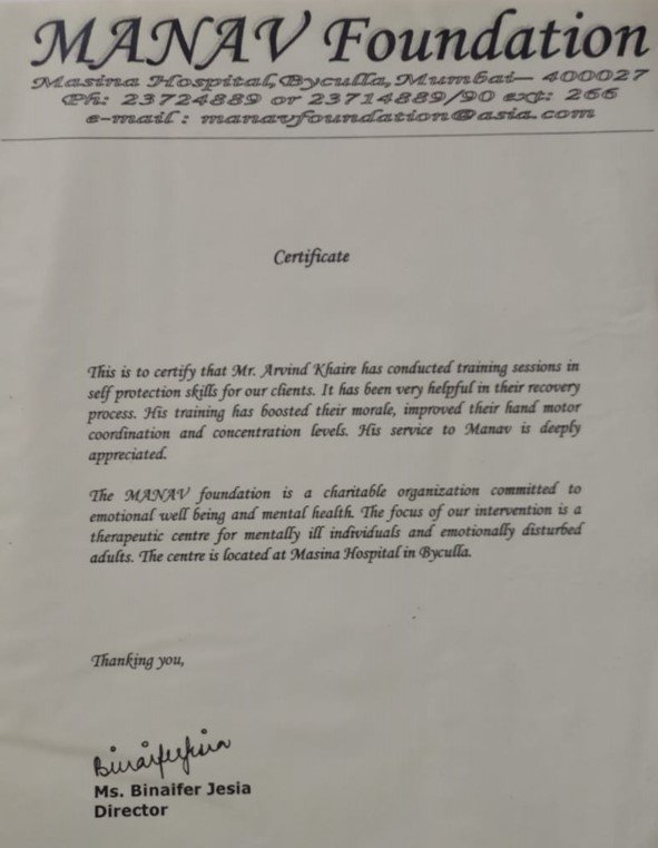 Appreciation letter from— Ms. Binaifer Jesia, Director, MANAV Foundation for Self defence therapy for mental health