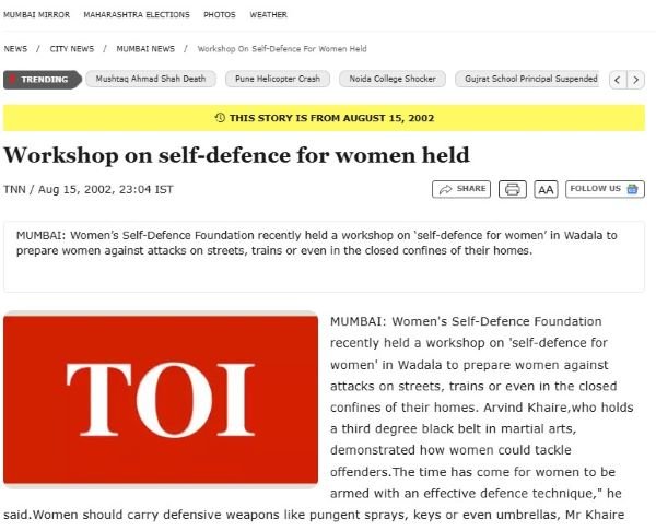 women's self defence workshop coverage by The Times of India newspaper article clipping