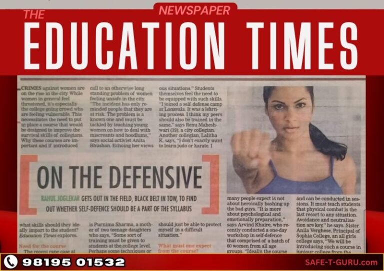 a newspaper clipping from Education Times (a supplement of The Times of India) newspaper. The article, titled “On the Defensive” self defence training for women and students in Mumbai