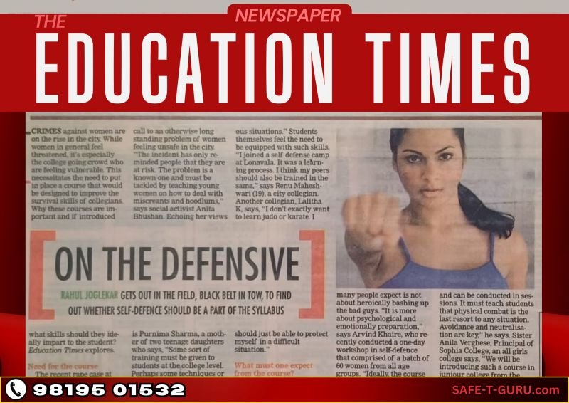 a newspaper clipping from Education Times (a supplement of The Times of India) newspaper. The article, titled “On the Defensive” self defence training for women and students in Mumbai