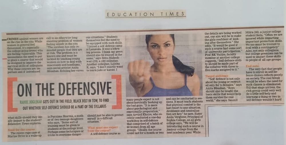 A original newspaper clipping from Education Times (a supplement of The Times of India) newspaper. The article, titled “On the Defensive” self defence training for women and students in Mumbai