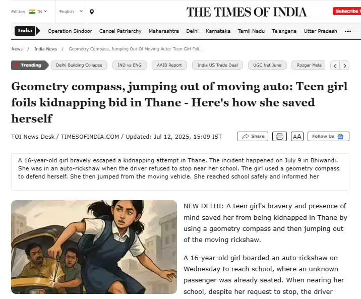 Times of India Article: Geometry compass, jumping out of moving auto: Teen girl foil ..